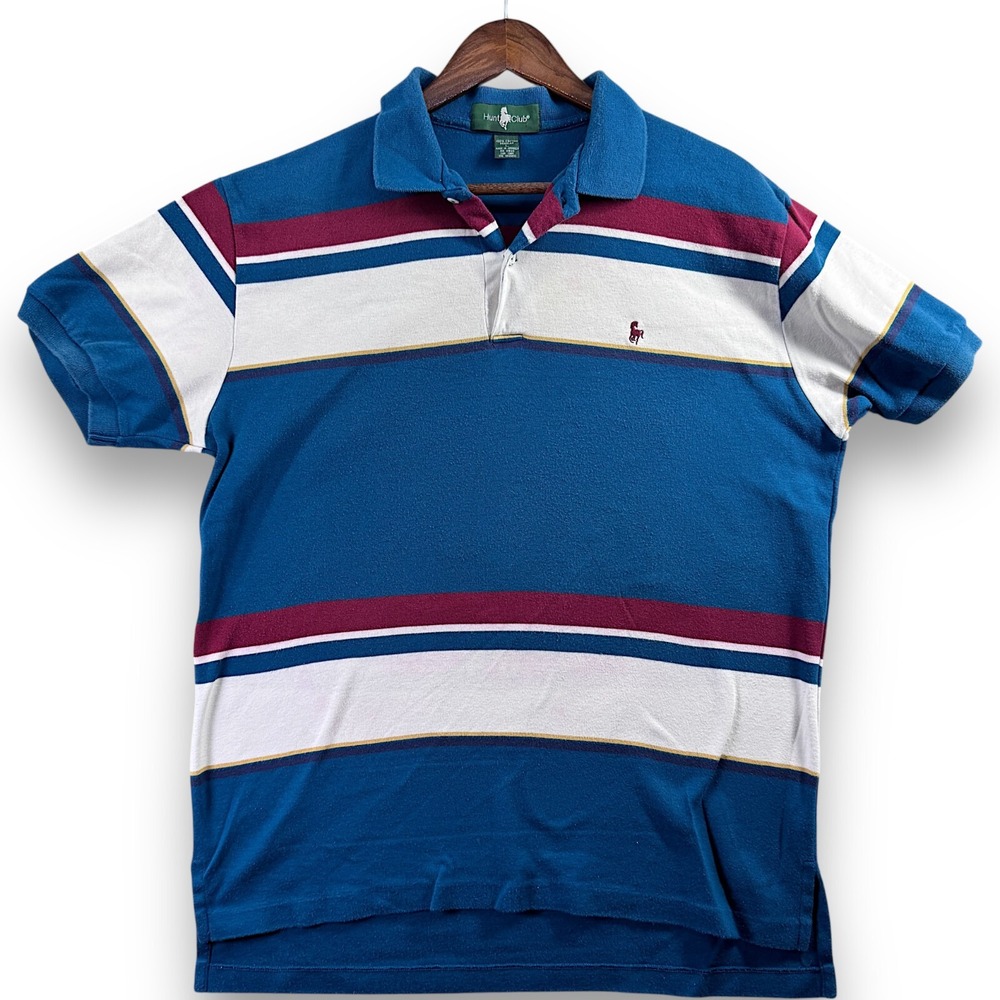 Hunt Club Mens Vintage Striped Short Sleeve Polo Shirt Blue Red White Large